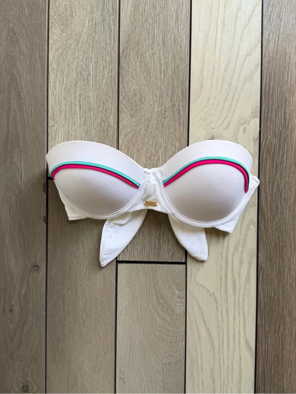 Beach Bunny White Strapless Bikini Top with Pink & Teal Piping